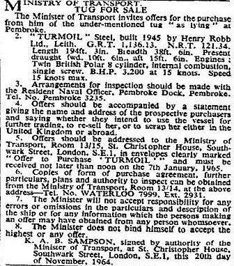 TURMOIL 2 offered for sale 1964